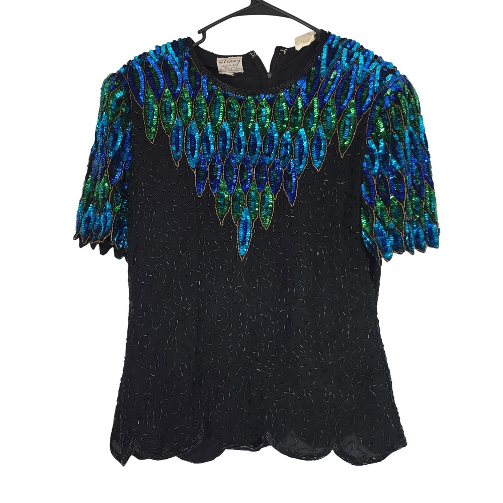 Stenay Vintage Silk Beaded Sequin Peacock Blouse Black Blue Green Medium